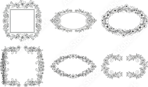 Collection of six elegant floral frames with intricate leaf and flower details isolated on transparent background