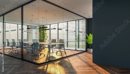 Modern Meeting Room: A sun-drenched meeting room offers a contemporary and professional atmosphere. The open design and large glass windows provide expansive views and invite natural light.