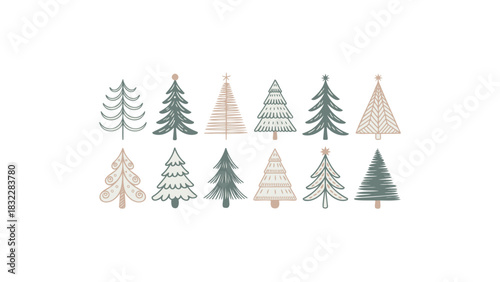 Collection of charming hand drawn festive evergreen trees in various styles and sizes on a white background