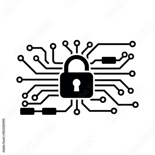 Cyber security processor chip with a black padlock icon vector illustration concept of electronic data protection and secure connection