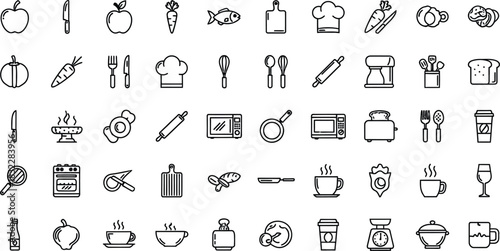 Collection of hand drawn kitchen and cooking icons in black and white
