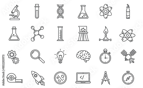 Science and research doodle icons set in black and white
