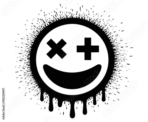 Black and white smiley face with x and plus sign eyes and dripping paint