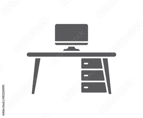 Illustration of a desk with a computer monitor and three drawer cabinet