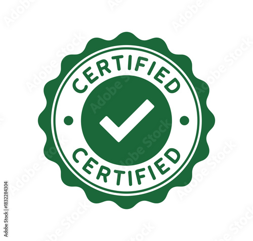 Green certified badge with a white checkmark inside a circular design