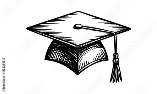 Illustration of a graduation cap with tassel in black and white sketch