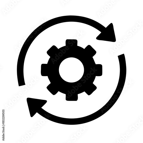 Black gear with arrows rotating around it indicating process or cycle in a simple vector image icon style