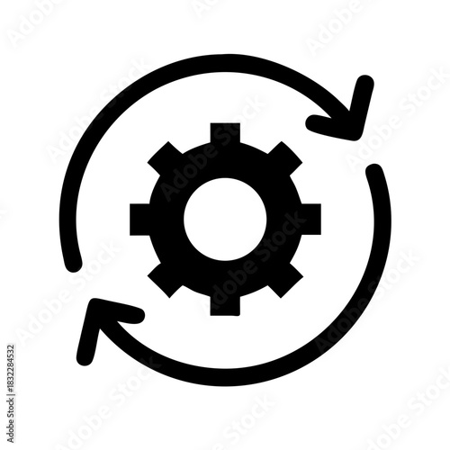 Black gear icon with circular arrows indicating process or synchronization on a white background view