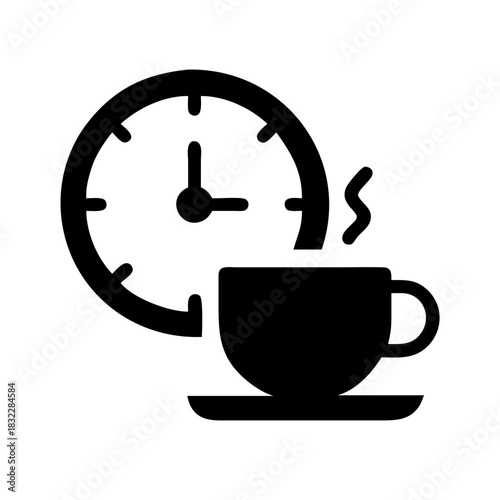 Black silhouette of a clock next to a steaming cup of coffee on a saucer on a white background