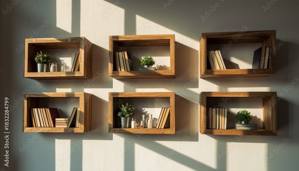 custom made wallpaper toronto digitalBookshelf Arrangement: A stylish arrangement of wooden bookshelves on a wall. Minimalist shelves are adorned with carefully curated books and plants, bathed in natural sunlight creating shadows.
