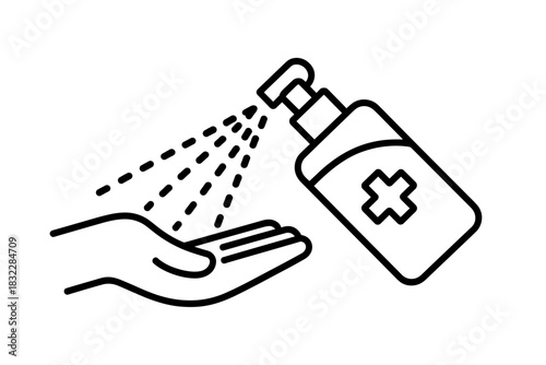 Outline illustration of hand sanitizing with dispenser and hand present