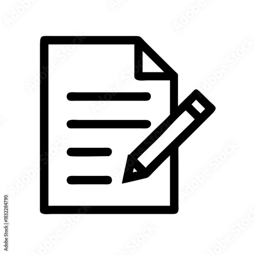 Icon of a document with text lines and a pencil writing on it in black and white simple outline style
