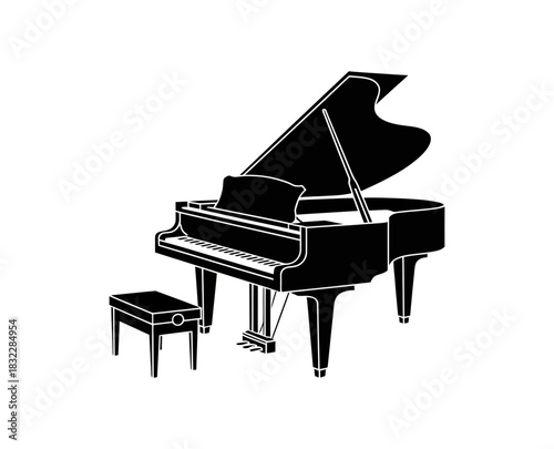 Illustration of a grand piano with a stool in a monochrome black style