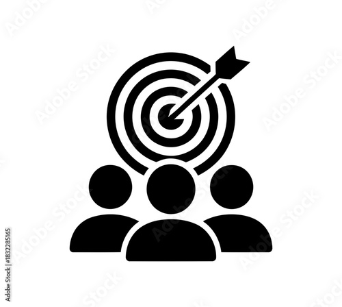 Illustration of target with arrow and group of people in black and white