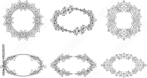 Collection of six elegant floral frames with intricate details, isolated on transparent background, perfect for invitations