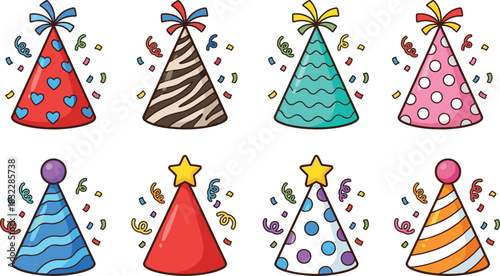 Vector set of colorful cartoon party hats with different patterns and confetti, isolated on white background for birthday celebration, carnival, anniversary, and holiday decoration.