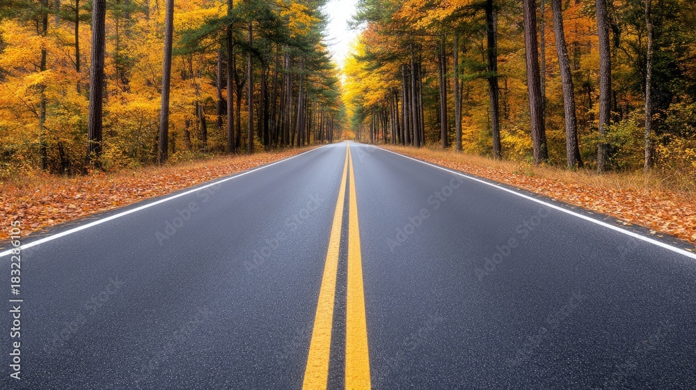 Fototapeta premium Winding road through a tranquil forest with vibrant autumn foliage and an endless horizon