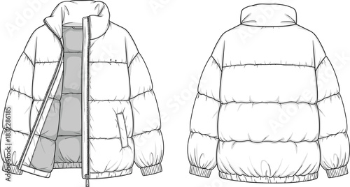 Vector technical drawing of oversized puffer jacket flat sketch, front and back view, fashion illustration template for clothing design, winter apparel mockup for streetwear brand.