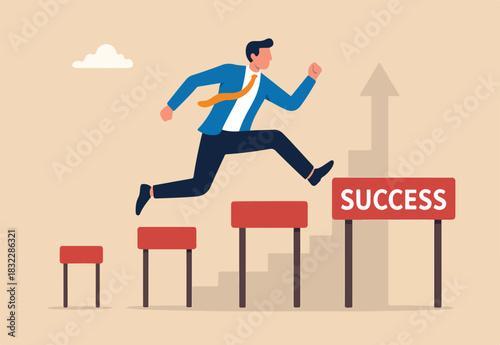  Business challenge, overcome difficulty or obstacle to achieve business success, effort, skill or aspiration to solve problem concept, ambitious businessman jump over hurdles to find higher obstacles