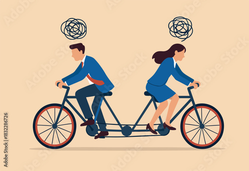 Business conflict, controversy or disagreement causing problem and failure concept, businessman and businesswoman colleagues or working team trying hard riding bicycle in opposite direction