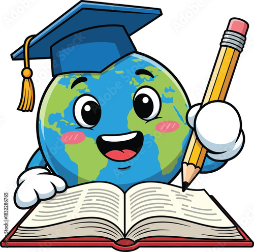 Cartoon Earth Character with Graduation Cap Writing in Book, Perfect for Education Related Designs and Back to School Projects
