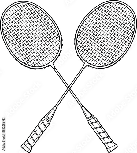 Intersecting Badminton Rackets Sport Equipment Design for Athletic Competition and Recreational Games Depicting Fitness Activity
