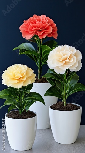 Wallpaper Mural A set of three colorful potted camellia flowers displayed on a table against a dark blue wall in a bright indoor setting Torontodigital.ca