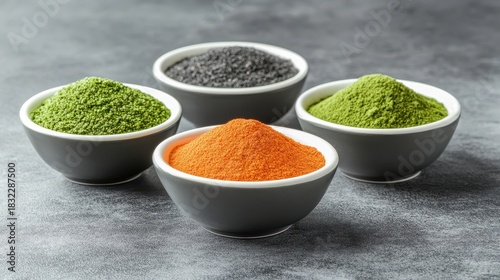 Fototapeta Naklejka Na Ścianę i Meble -  Colorful spice powders displayed in bowls on a rustic surface