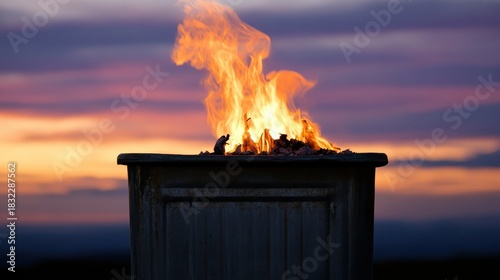 Burning embers inside metal bin against a colorful sunset