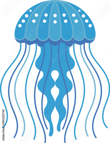 A blue jellyfish with long, flowing tentacles floats gracefully in the water.