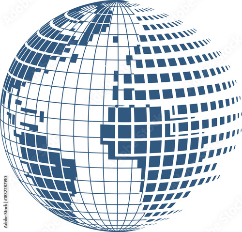 A stylized digital representation of the planet Earth is depicted in blue squares and lines.