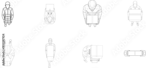 Delivery People with Boxes and Trolley Line Art batch