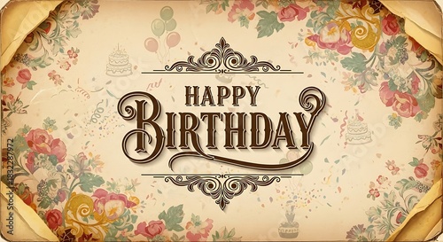 Happy birthday vintage floral card design template for celebration and greeting with cake balloons 100