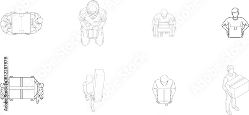 Delivery Workers Carrying Packages Top Down Line Art