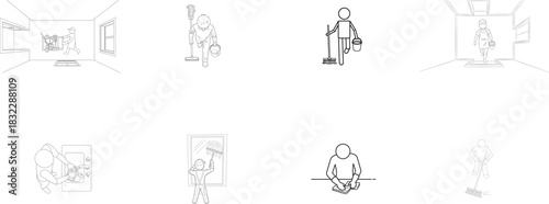 Diverse cleaning scenarios illustrated with line art figures