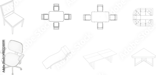 Diverse furniture line drawings and wireframe models