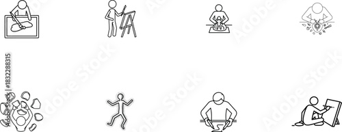 Eight line art icons representing diverse artistic and craft activities