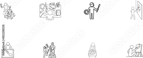 Eight line art icons showcasing various artistic and creative pursuits