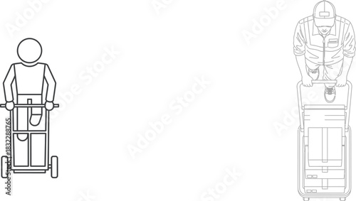 Line art of a person pushing a hand truck dolly cart