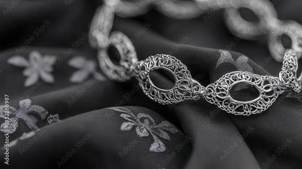 Fototapeta premium Delicate ornate silver filigree chain link jewelry resting on dark patterned fabric