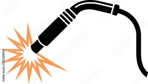 A welding torch emits sparks, symbolizing industrial work and creation.