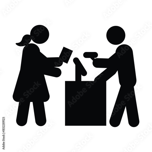 Shopping icon pictogram customer at billing checkout counter, product scanning glyph vector illustration
