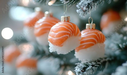 Salmon nigiri sushi ornaments decorating a frosted christmas tree, symbolizing fusion of traditional holiday and japanese cuisine