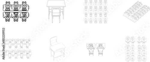 Office Desk and Chair Line Art Illustrations Keywords: office, desk, chair, computer