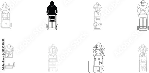 Overhead Line Art of People with Hand Trucks and Packages Keywords: overhead view, line drawing