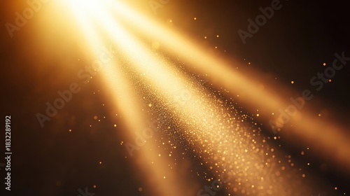 Dust particles suspended in a bright golden sunbeam piercing through the atmosphere with a warm glowing radiance