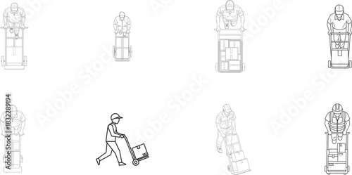 Overhead Line Art of Workers with Hand Trucks and Boxes Keywords: overhead view, line art