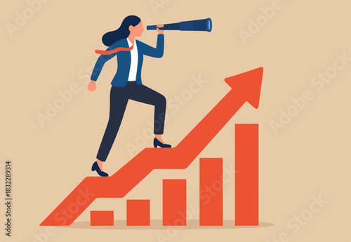Business growth, success leadership looking for new vision, career opportunity, female leader challenge, job achievement concept, success businesswoman on growth chart looking through telescope