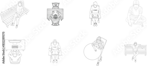 Top Down Line Art People and Furniture Collection top view