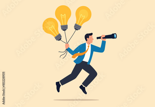 Business ideas, creativity or innovation to searching for new success, finding solution or imagination, visionary or new opportunity concept, businessman flying with lightbulb balloons and telescope.